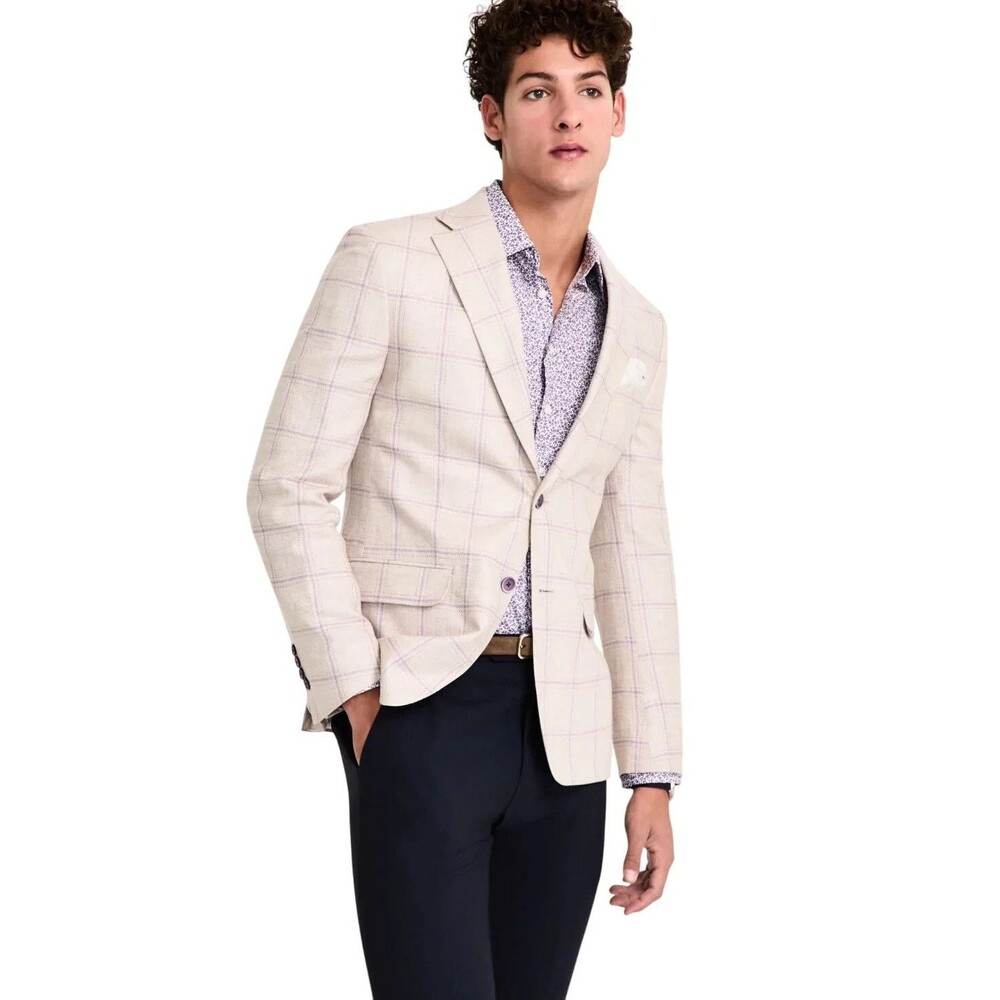 Tallia Sport Coat Blazer Mens Size 42L Windowpane Beige Purple Lilac Linen Blend